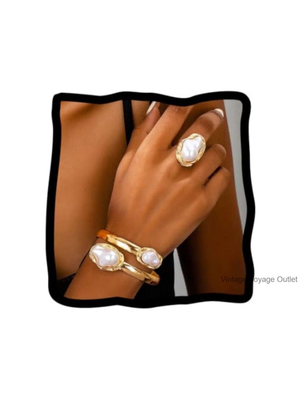 Gold Plated Baroque Pearl Cuff Bracelet & Open Ring Set